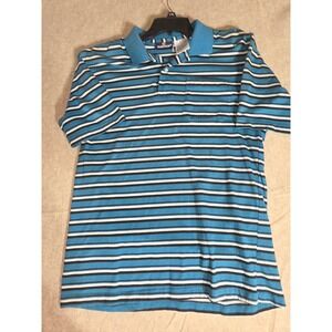 Puritan Mens Blue Striped Short Sleeve Polo Shirt Size Medium Pocket CottonBlend